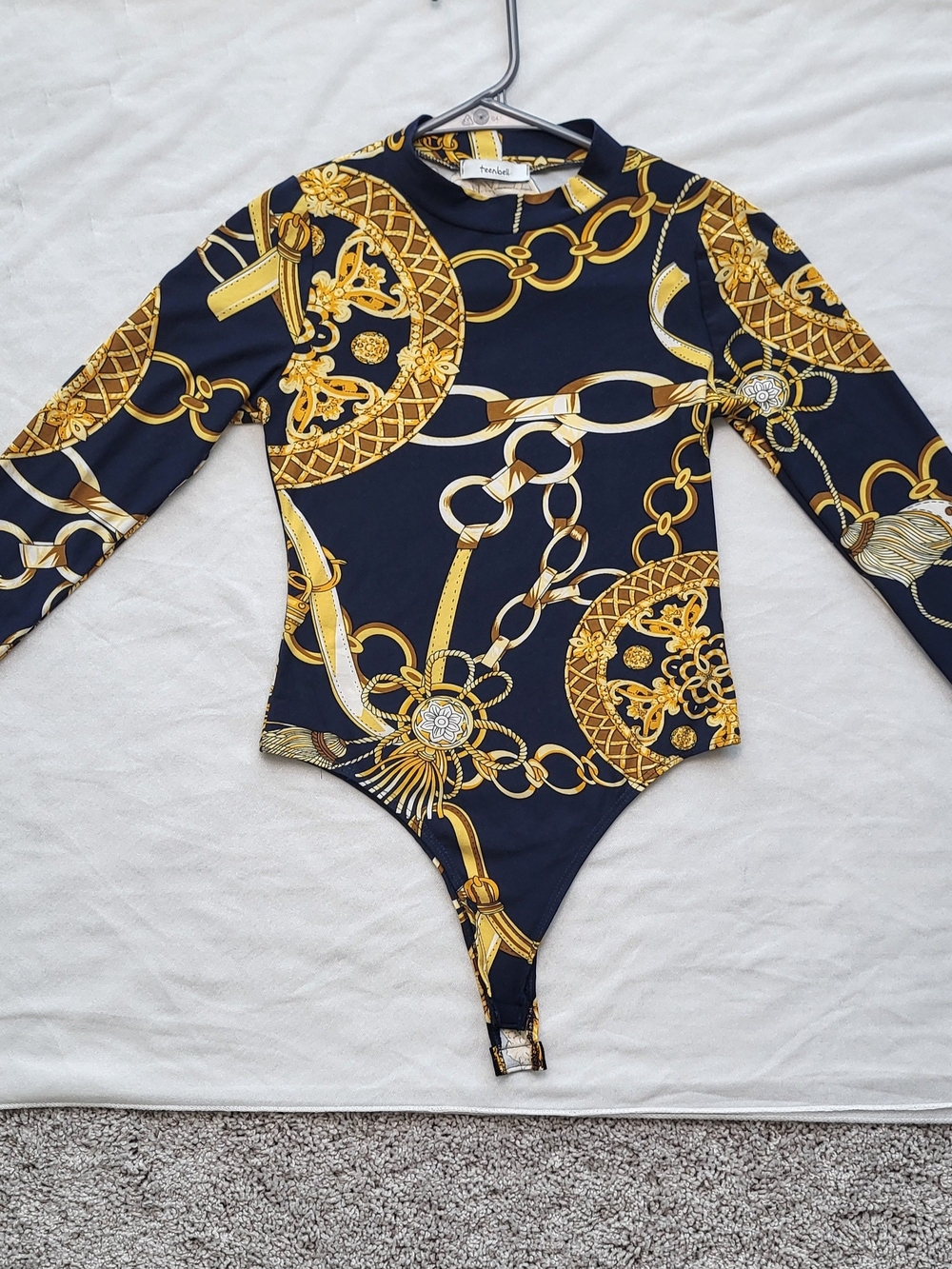 TeenBell Black and Gold Chain-Print Womwn's One-Piece Bodysuit, Size XS